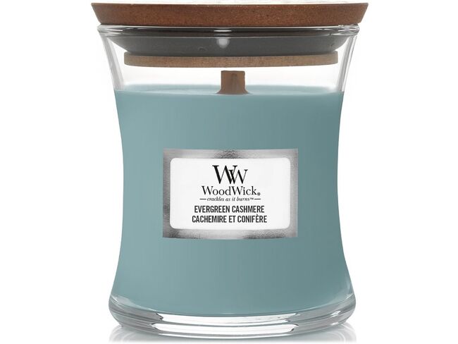 WoodWick malá svíčka Evergreen Cashmere